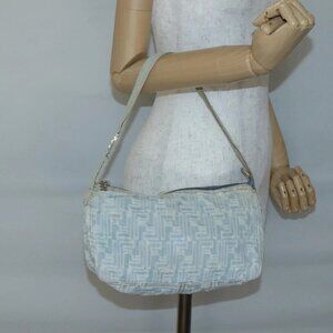 FENDI Zucca Canvas Shoulder Bag Denim Light Blue Gold Auth 140817